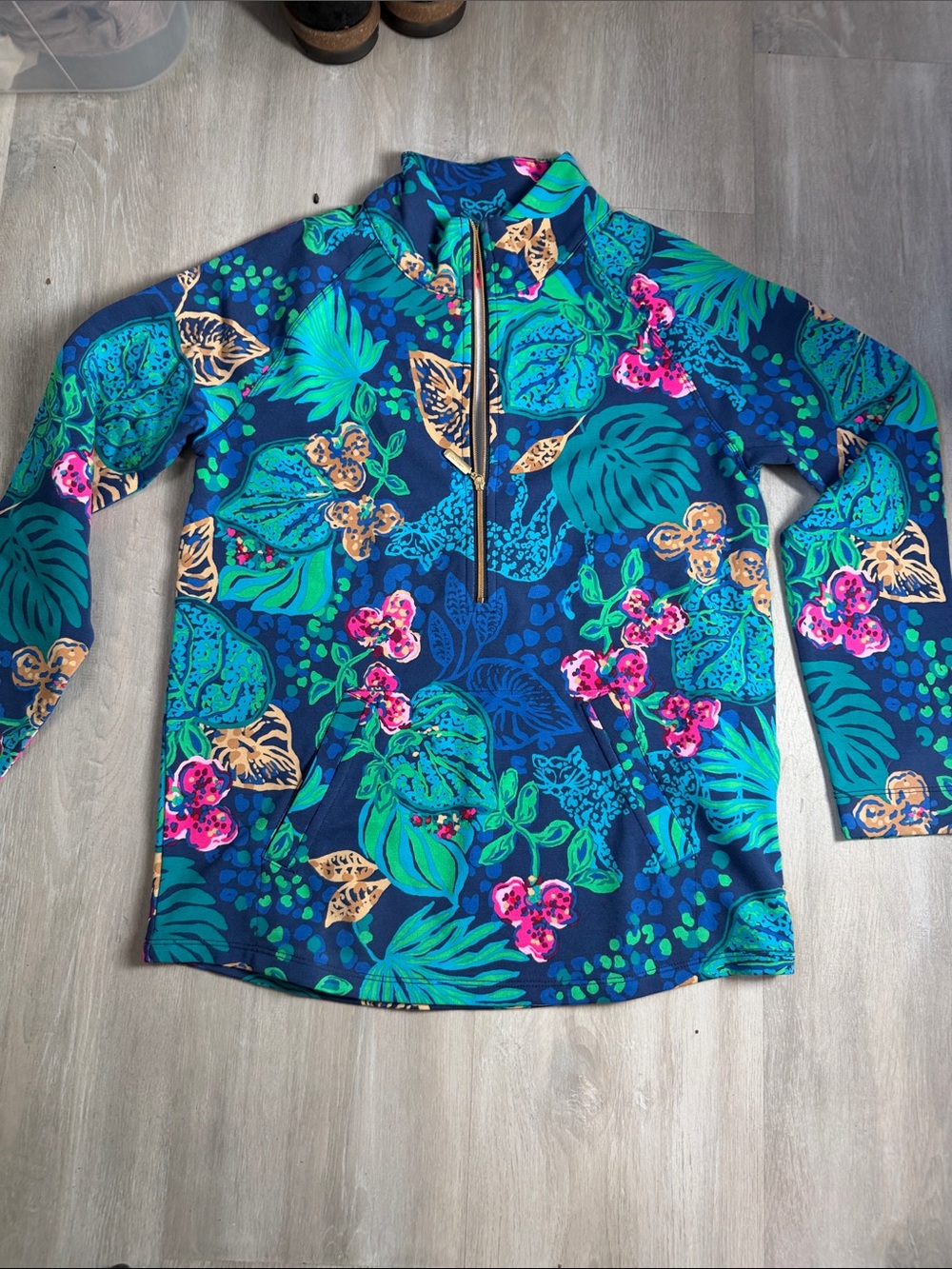 Lilly Pulitzer Girls' Tropical Print Quarter-Zip Pullover - Blue, Green, Pink